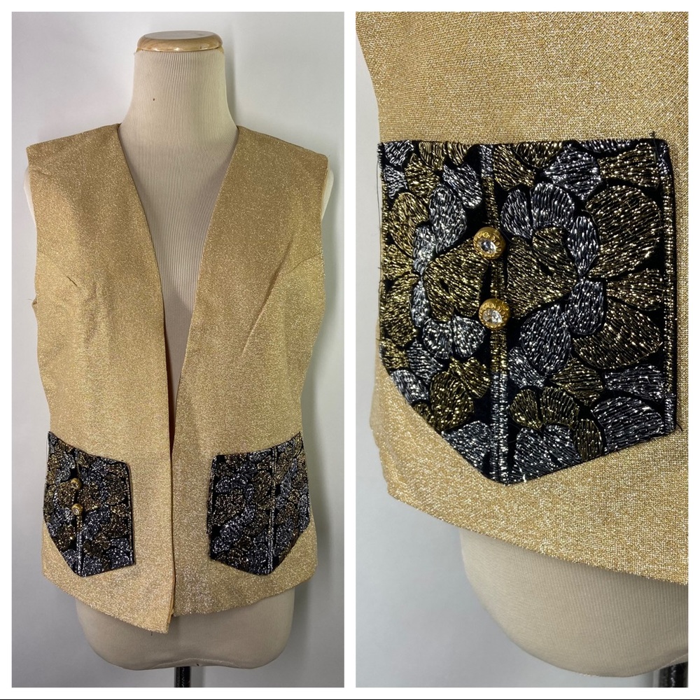 Vintage Medium? Floral Pocket Button Detail Vest Metallic Gold Retro Disco